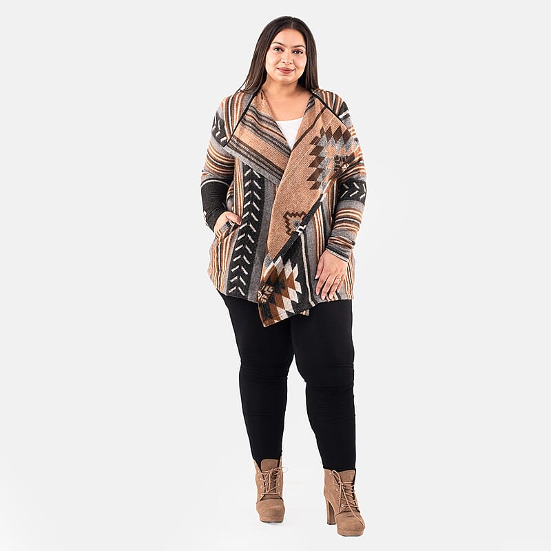 Tamsy Black and Brown Jacquard Jacket - One Size Missy
