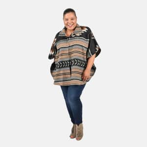 Tamsy Black and Brown Jacquard Jacket with Short Sleeve - One Size Plus