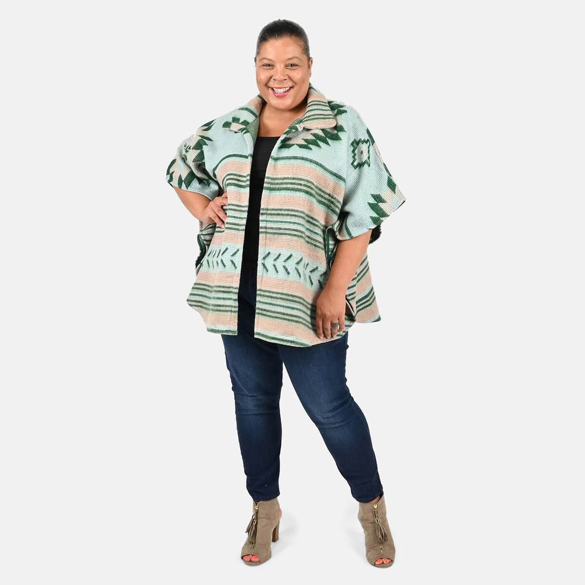 Tamsy Turquoise and Brown Jacquard Jacket with Short Sleeve - One Size Plus image number 0