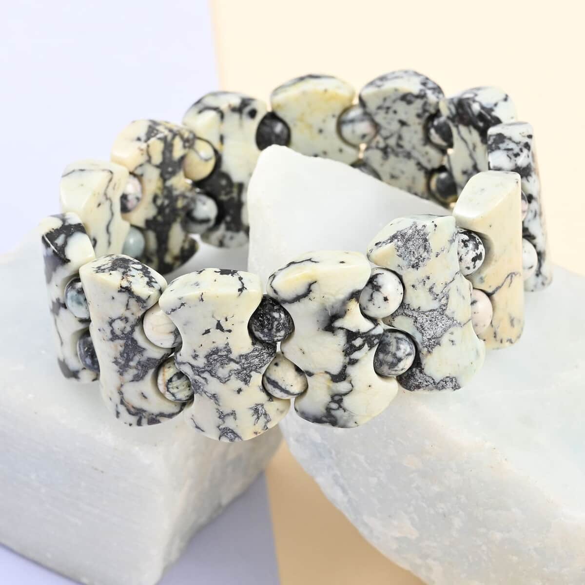 Lab Created White Turquoise Block Stretch Bracelet 255.00 ctw image number 1