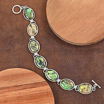 Abalone Shell Beaded Bracelet in Silvertone (8 In)