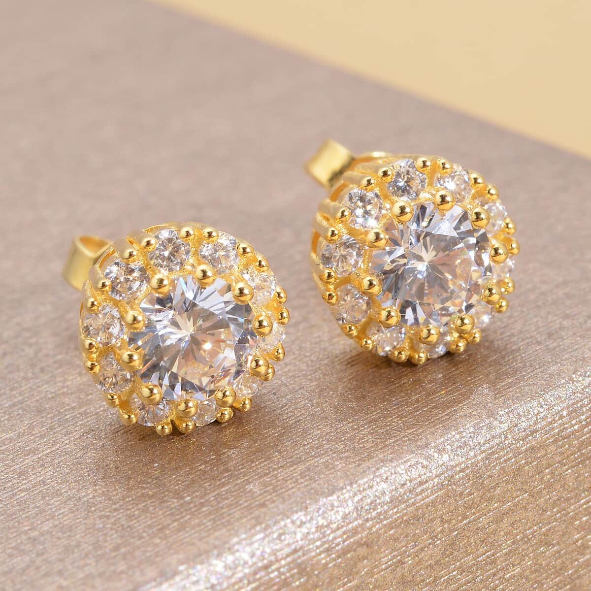 Simulated Diamond Rotating Spinner Halo Earring Studs in 14K Yellow Gold Over Sterling Silver 4.30 ctw image number 1