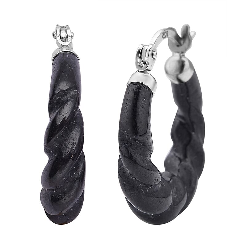 Black Jade (D) Carved Twisted Rope Pattern Hoop Earrings in Rhodium Over Sterling Silver  17.50 ctw