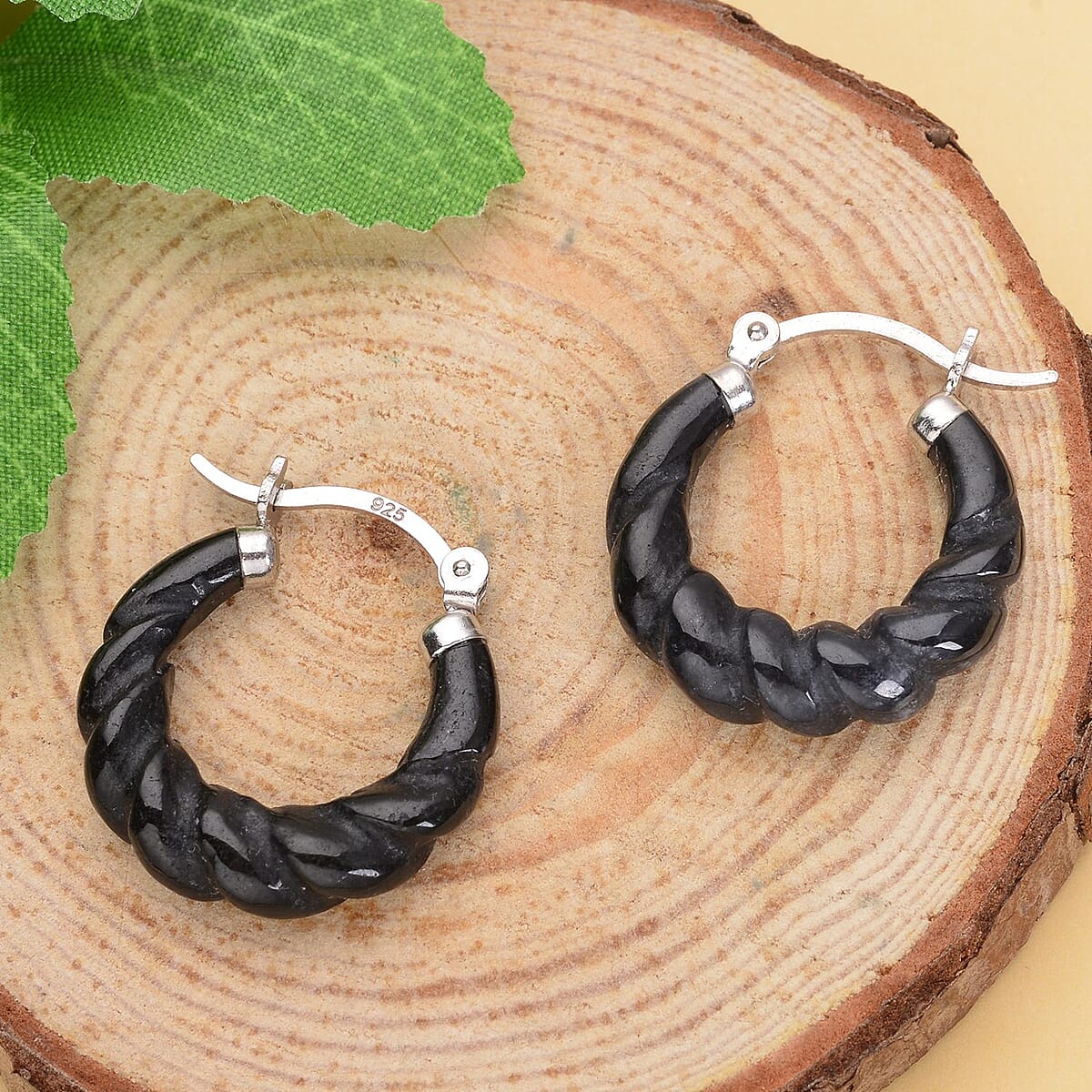 Black Jade (D) Carved Twisted Rope Pattern Hoop Earrings in Rhodium Over Sterling Silver  17.50 ctw image number 1