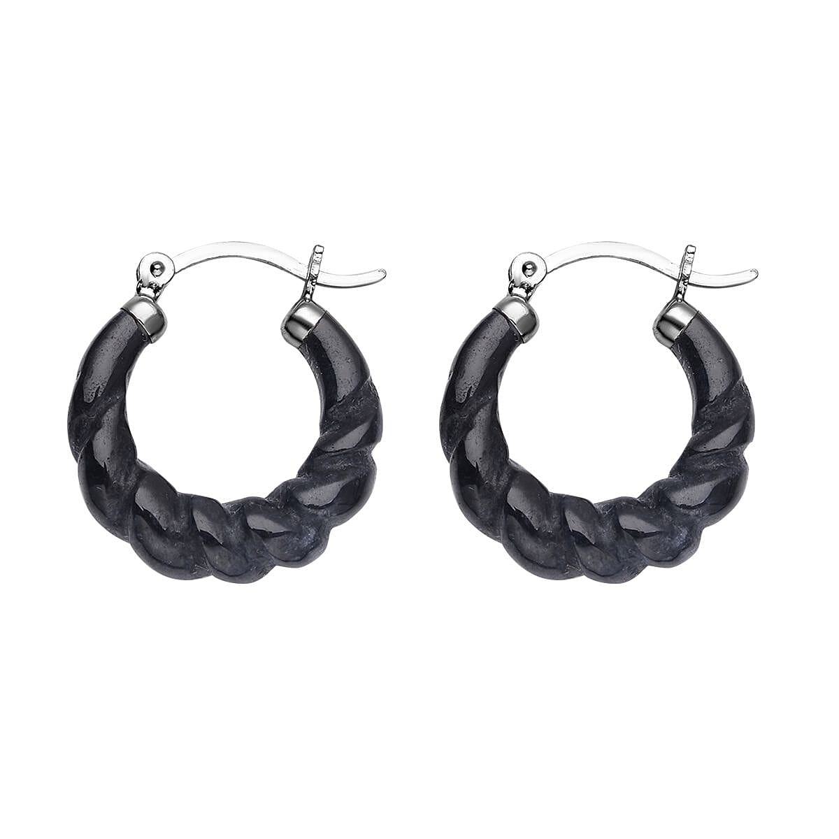 Black Jade (D) Carved Twisted Rope Pattern Hoop Earrings in Rhodium Over Sterling Silver  17.50 ctw image number 3