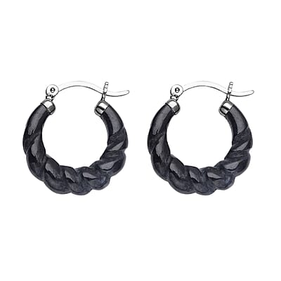 Black Jade (D) Carved Twisted Rope Pattern Hoop Earrings in Rhodium Over Sterling Silver  17.50 ctw