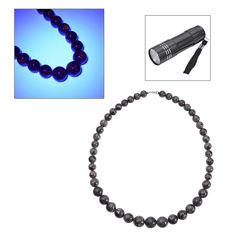 Natural Yooperlite 466.50 ctw Beaded Necklace in Sterling Silver, Beaded Necklace, Birthday Gifts For her, Free UV Flash Light 466.50 ctw