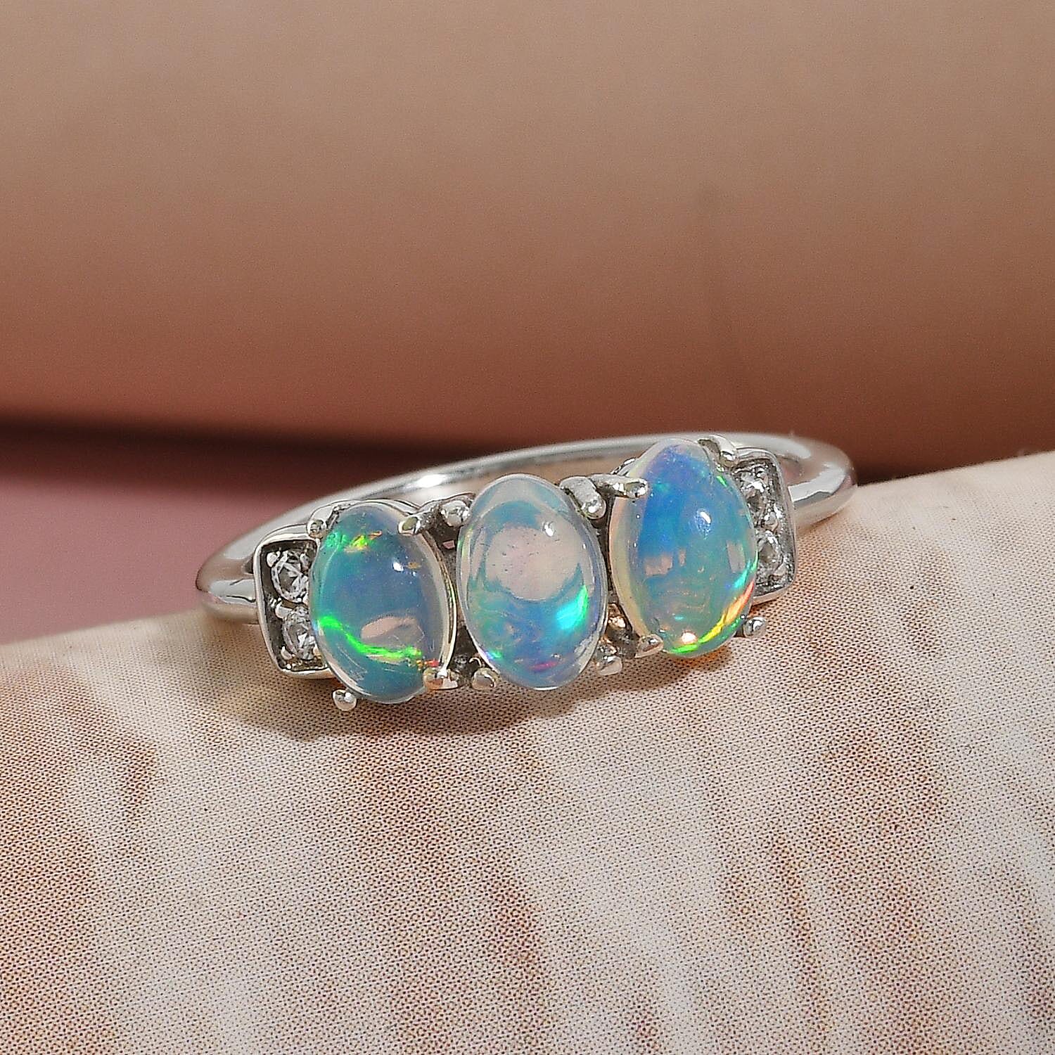 Ethiopian Welo Opal and White Zircon 3 Stone Ring in Platinum Over Sterling Silver (Size 10.0) 0.90 ctw