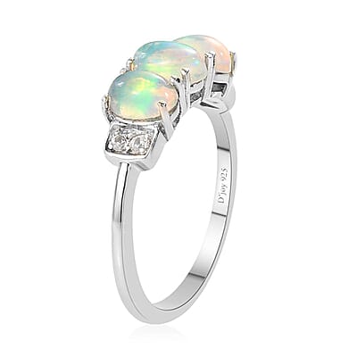 Ethiopian Welo Opal and White Zircon 3 Stone Ring in Platinum Over Sterling Silver (Size 10.0) 0.90 ctw