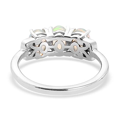 Ethiopian Welo Opal and White Zircon 3 Stone Ring in Platinum Over Sterling Silver (Size 10.0) 0.90 ctw