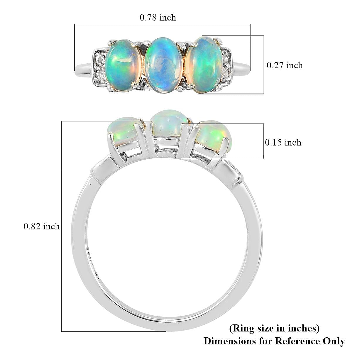 Ethiopian Welo Opal and White Zircon 3 Stone Ring in Platinum Over Sterling Silver (Size 10.0) 0.90 ctw