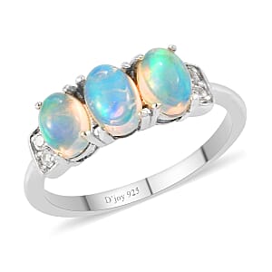 Ethiopian Welo Opal and White Zircon 3 Stone Ring in Platinum Over Sterling Silver (Size 9.0) 0.90 ctw