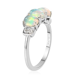 Ethiopian Welo Opal and White Zircon 3 Stone Ring in Platinum Over Sterling Silver (Size 9.0) 0.90 ctw