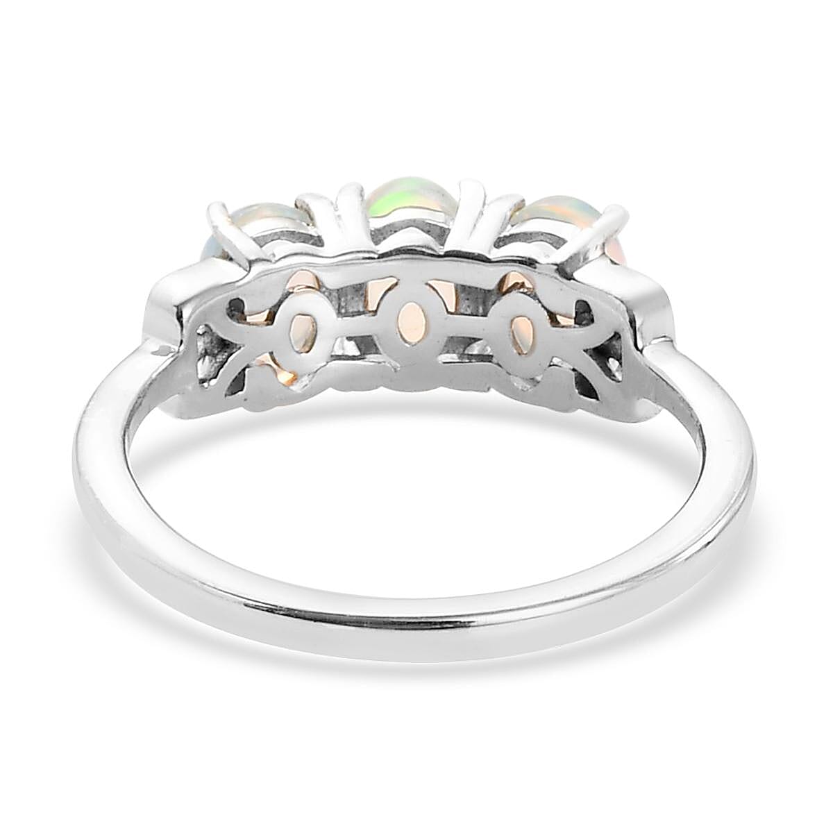 Ethiopian Welo Opal and White Zircon 3 Stone Ring in Platinum Over Sterling Silver (Size 9.0) 0.90 ctw image number 4
