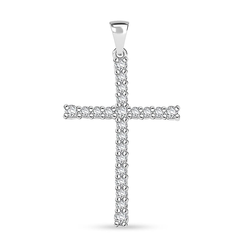 Simulated Diamond Cross Pendant in Rhodium Over Sterling Silver