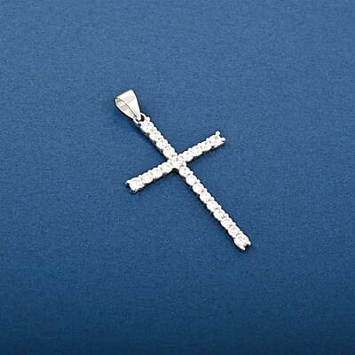 Simulated Diamond Cross Pendant in Rhodium Over Sterling Silver
