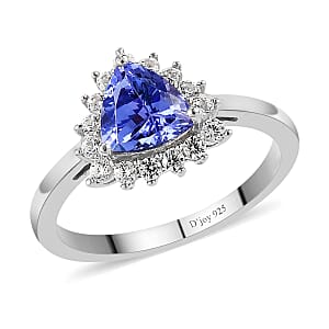 Tanzanite and Natural White Zircon Halo Ring in Platinum Over Sterling Silver (Size 10.0) 1.00 ctw