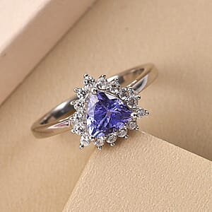 Tanzanite and Natural White Zircon Halo Ring in Platinum Over Sterling Silver (Size 10.0) 1.00 ctw