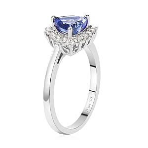 Tanzanite and Natural White Zircon Halo Ring in Platinum Over Sterling Silver (Size 10.0) 1.00 ctw