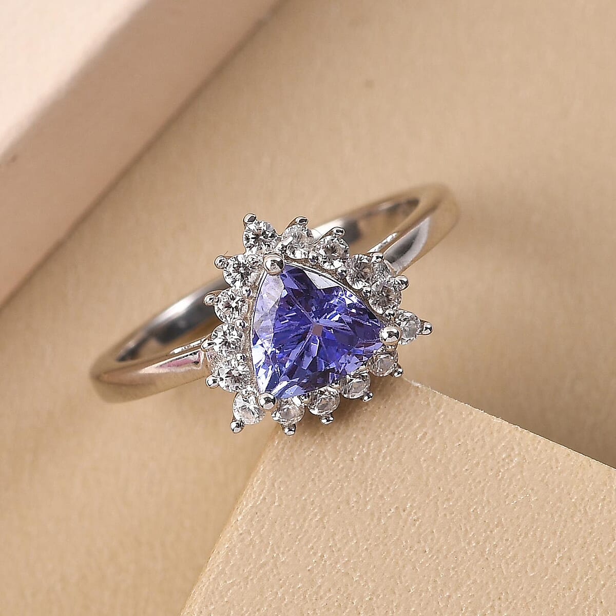 Tanzanite and Natural White Zircon Halo Ring in Platinum Over Sterling Silver (Size 6.0) 1.00 ctw image number 1