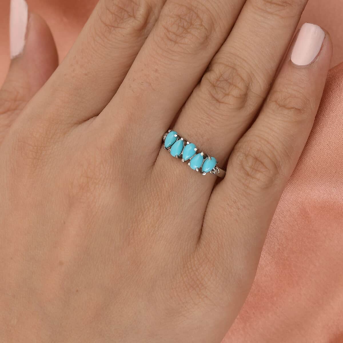 AMERICAN Natural Sleeping Beauty Turquoise 5 Stone Ring in Stainless Steel 0.80 ctw image number 2