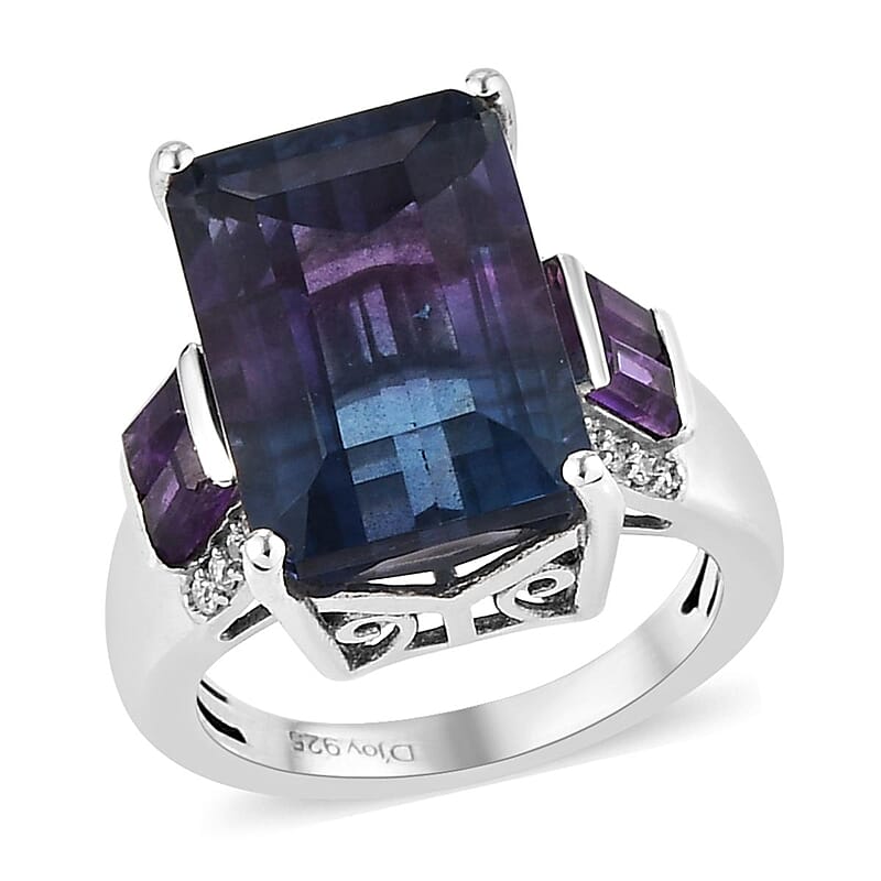 Bi Color Fluorite and Multi Gemstone Ring in Platinum Over Sterling Silver (Size 10.0) 9.80 ctw
