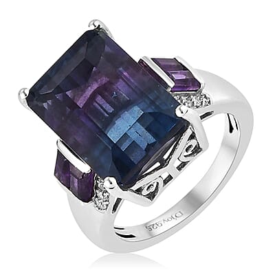 Bi Color Fluorite and Multi Gemstone Ring in Platinum Over Sterling Silver (Size 10.0) 9.80 ctw