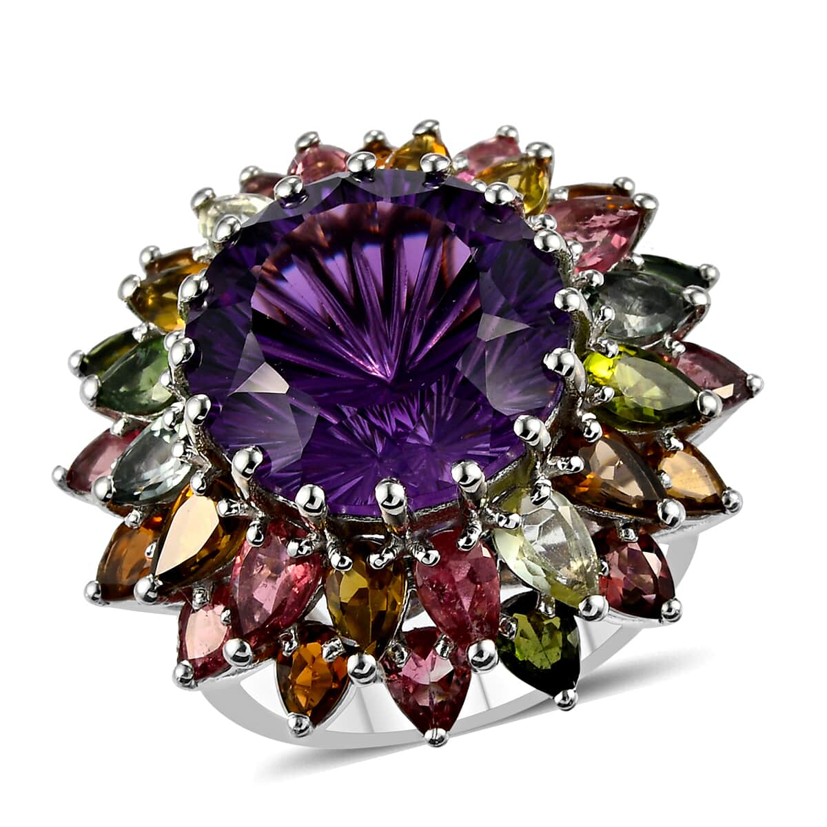 Hanabi Cut Zambian Amethyst and Multi-Tourmaline Firework Ring in Platinum Over Sterling Silver 7 Grams 15.90 ctw image number 0