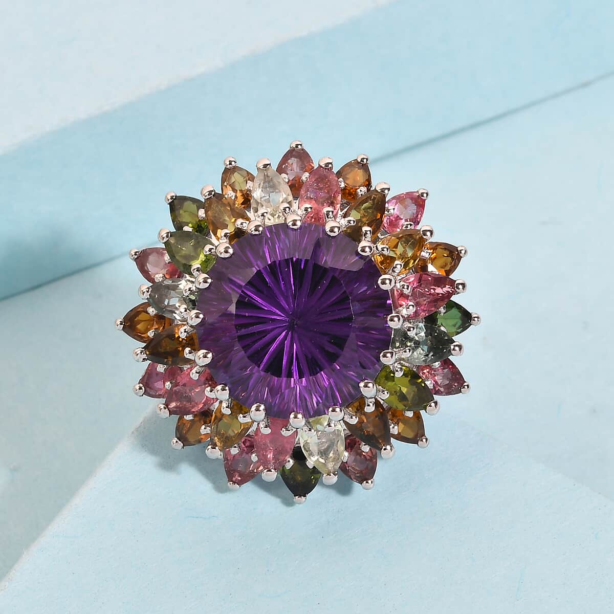 Hanabi Cut Zambian Amethyst and Multi-Tourmaline Firework Ring in Platinum Over Sterling Silver 7 Grams 15.90 ctw image number 1