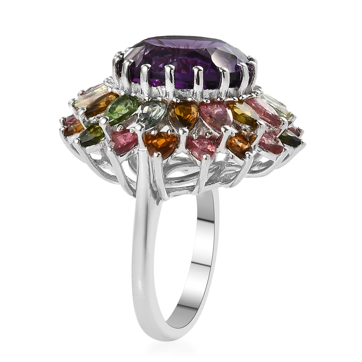 Hanabi Cut Zambian Amethyst and Multi-Tourmaline Firework Ring in Platinum Over Sterling Silver (Size 7.0) 15.90 ctw image number 3