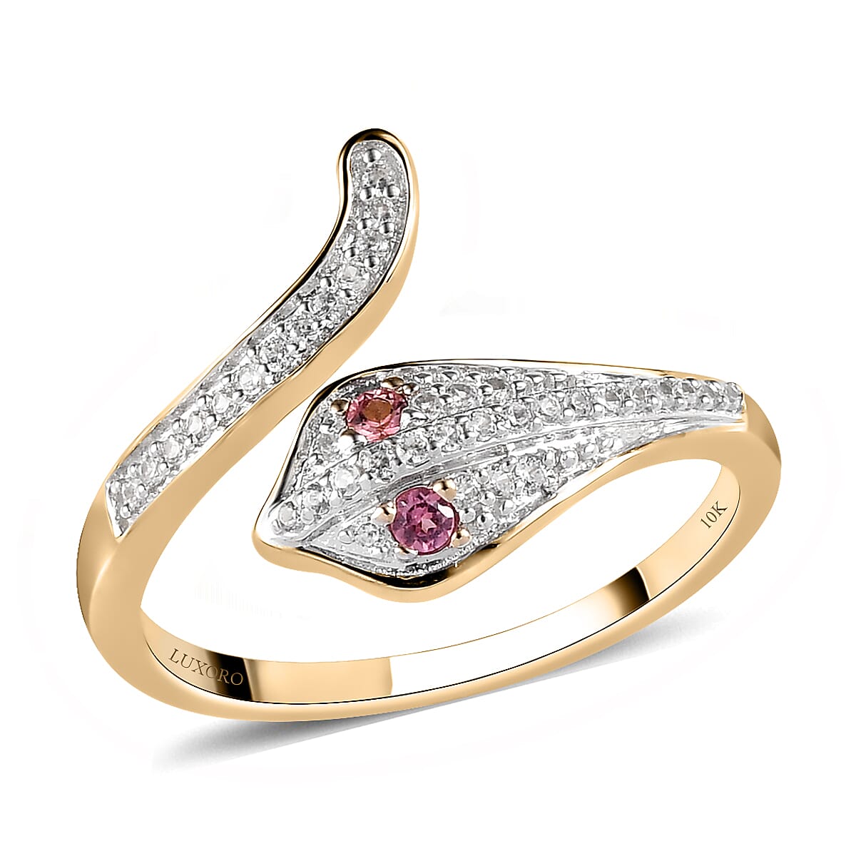 LUXORO AA  10K Yellow Gold Premium Morro Redondo Pink Tourmaline, Natural White Zircon Snake Ring (Size 7.0) (2.30 g) 0.25 ctw image number 0