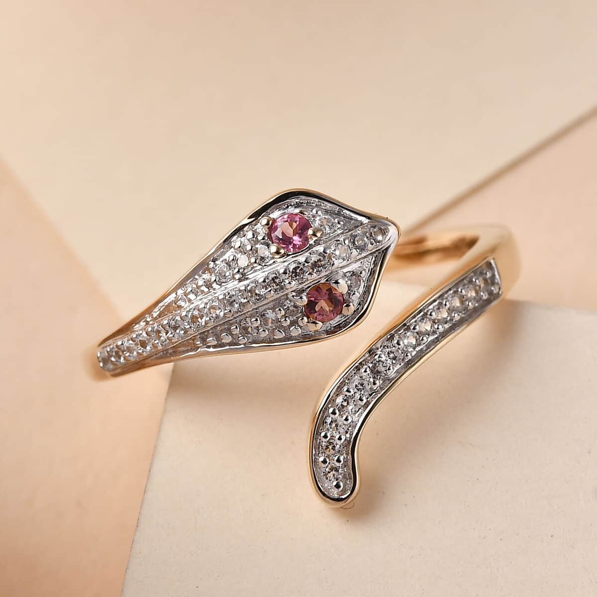 Luxoro 10K Yellow Gold Premium Morro Redondo Pink Tourmaline and White Zircon Snake Ring (Size 9.0) 0.25 ctw image number 1