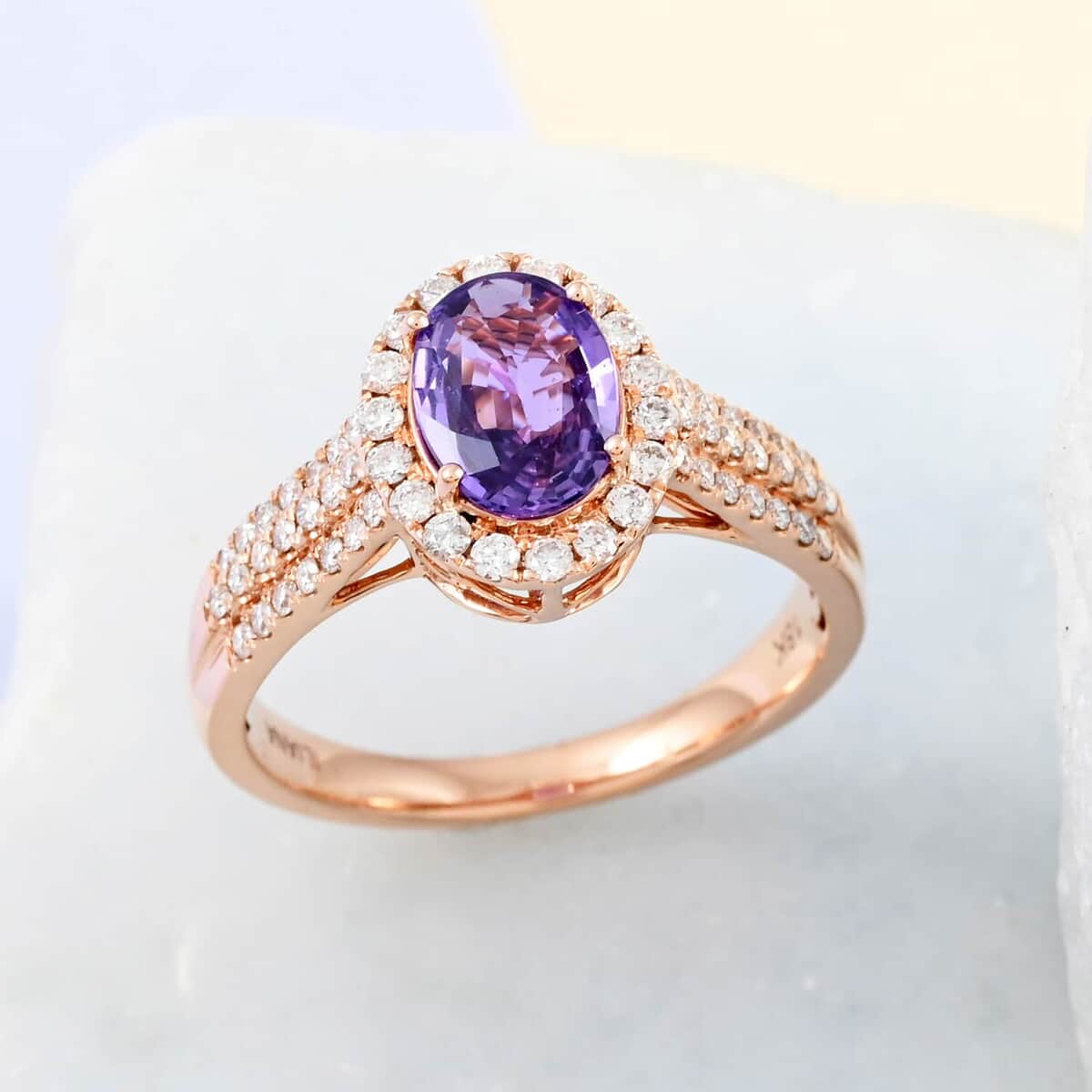 Certified & Appraised ILIANA 18K Rose Gold AAA Madagascar Purple Sapphire and G-H SI Diamond Halo Ring 4.10 Grams 1.90 ctw image number 1