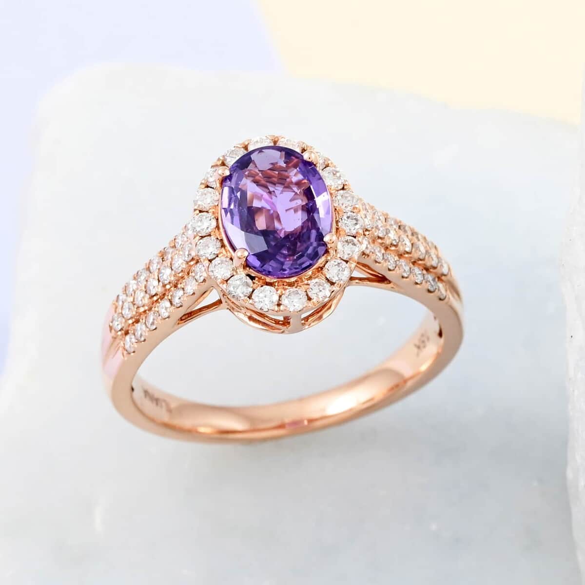 Certified & Appraised Iliana 18K Rose Gold AAA Madagascar Purple Sapphire and G-H SI Diamond Halo Ring (Size 7.0) 4.10 Grams 1.90 ctw image number 1