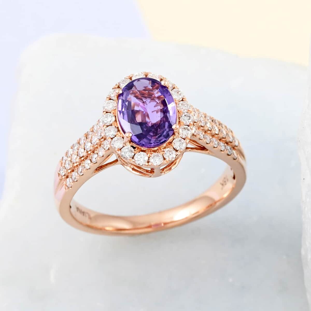 Certified and Appraised Iliana AAA Madagascar Purple Sapphire and G-H SI Diamond 1.90 ctw Halo Ring in 18K Rose Gold (Size 9.0) 4.10 Grams image number 1