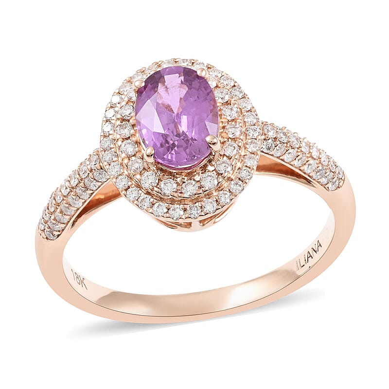 Certified and Appraised Iliana AAA Madagascar Purple Sapphire and G-H SI Diamond 1.40 ctw Double Halo Ring in 18K Rose Gold (Size 8.0)