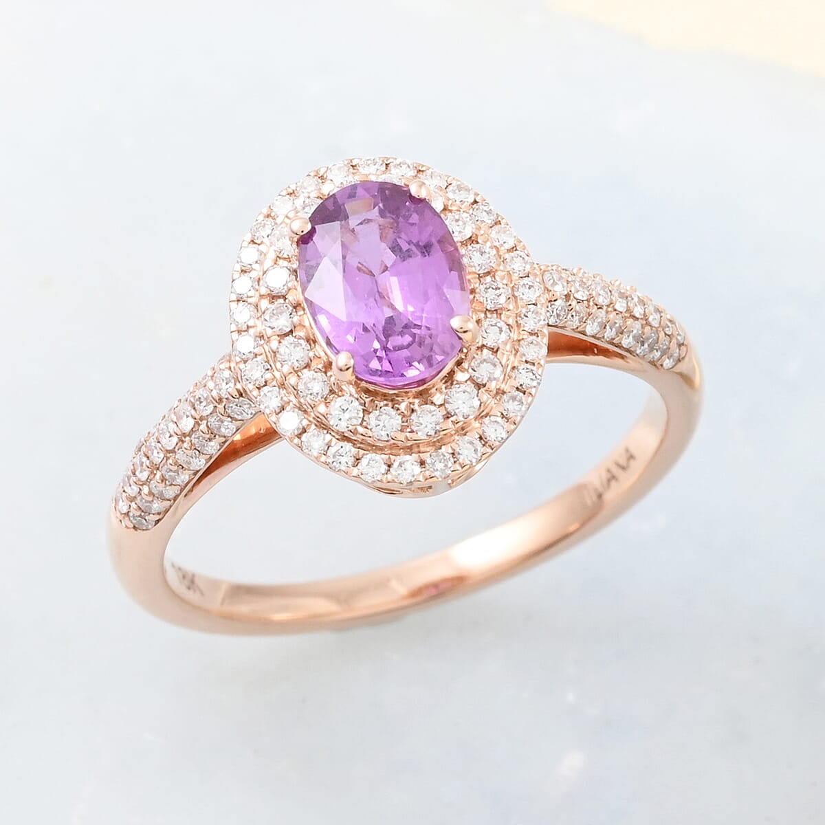 Certified and Appraised Iliana AAA Madagascar Purple Sapphire and G-H SI Diamond 1.40 ctw Double Halo Ring in 18K Rose Gold (Size 9.0) image number 1