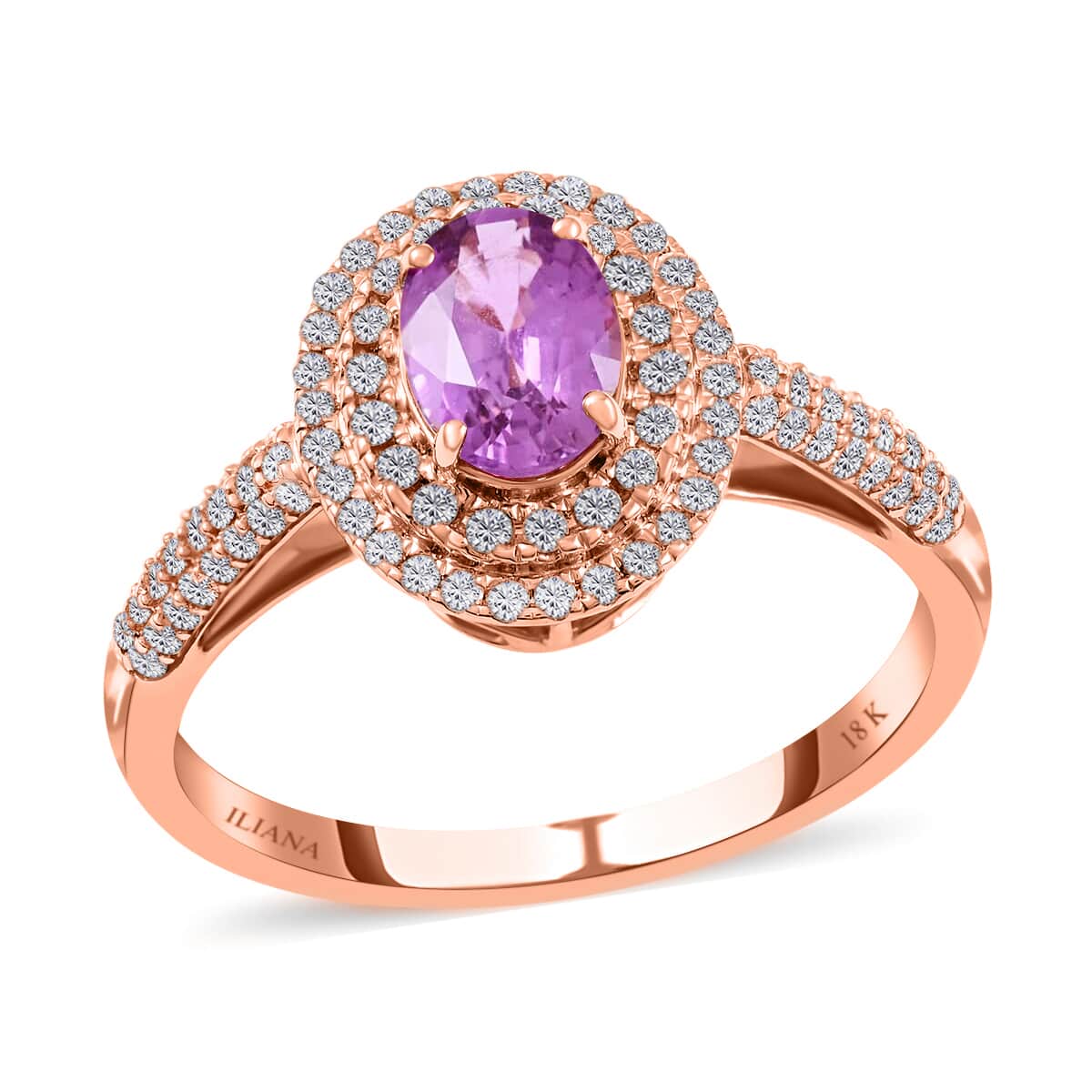 Certified and Appraised Iliana AAA Madagascar Purple Sapphire and G-H SI Diamond 1.40 ctw Double Halo Ring in 18K Rose Gold (Size 10.0) image number 0