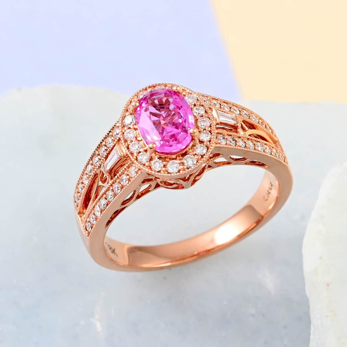 Certified Iliana 18K Rose Gold AAA Madagascar Pink Sapphire and G-H SI Diamond Halo Ring (Size 7.0) 5.50 Grams 1.40 ctw image number 1