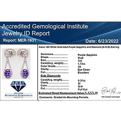 Certified and Appraised Iliana 18K White Gold AAA Madagascar Purple Sapphire and G-H SI Diamond Earrings 2.10 ctw