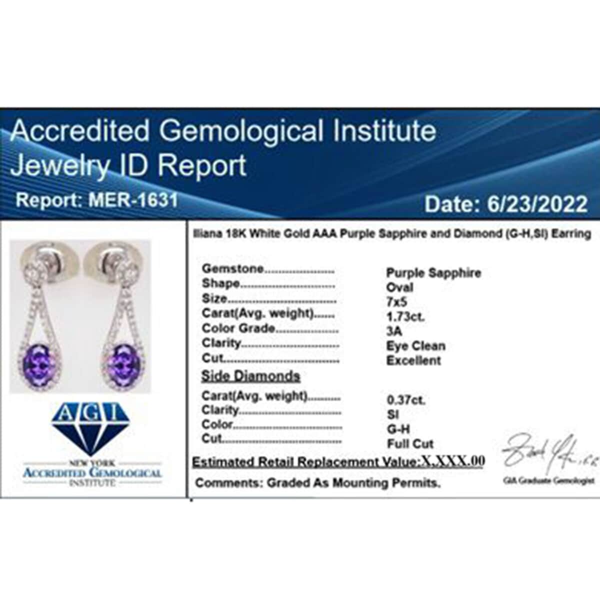 Certified Iliana 18K White Gold AAA Madagascar Purple Sapphire and G-H SI Diamond Earrings 2.10 ctw image number 5
