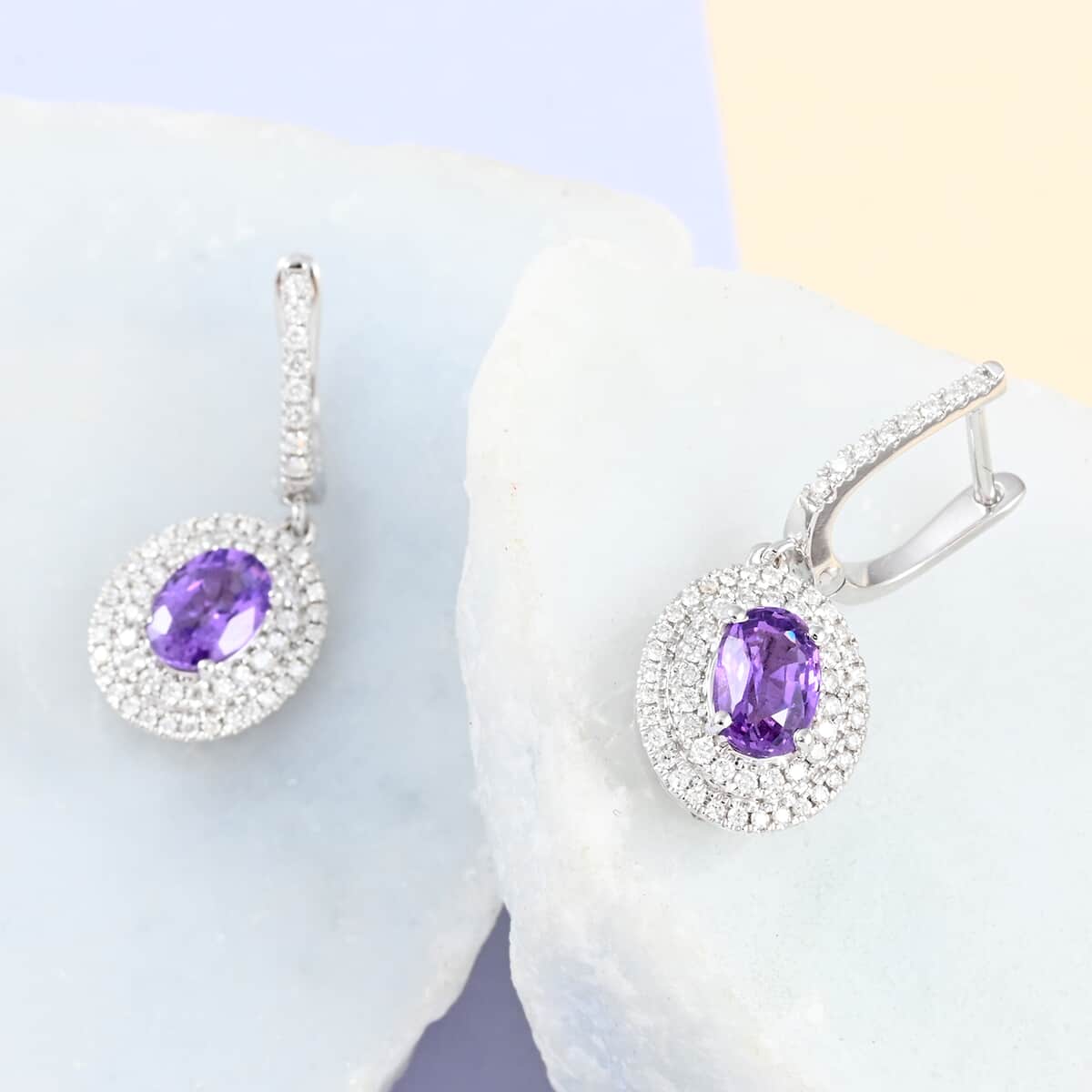 Certified Iliana 18K White Gold AAA Madagascar Purple Sapphire and G-H SI Diamond Earrings 5.30 Grams 2.20 ctw image number 1