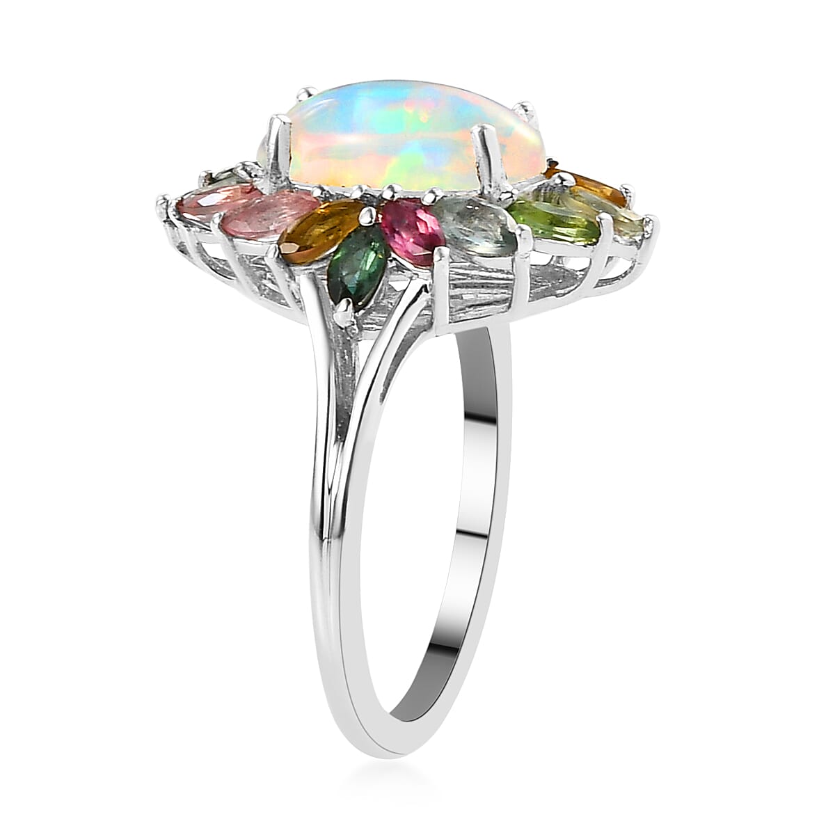 Premium Ethiopian Welo Opal and Multi-Tourmaline Floral Spray Ring in Platinum Over Sterling Silver (Size 7.0) 2.80 ctw image number 3