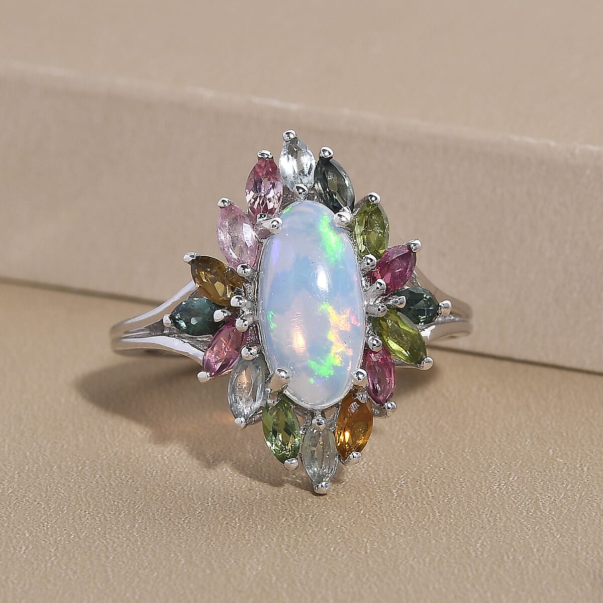 AA Ethiopian Welo Opal and Multi-Tourmaline Floral Spray Ring in Platinum Over Sterling Silver (Size 8.0) 2.80 ctw image number 1