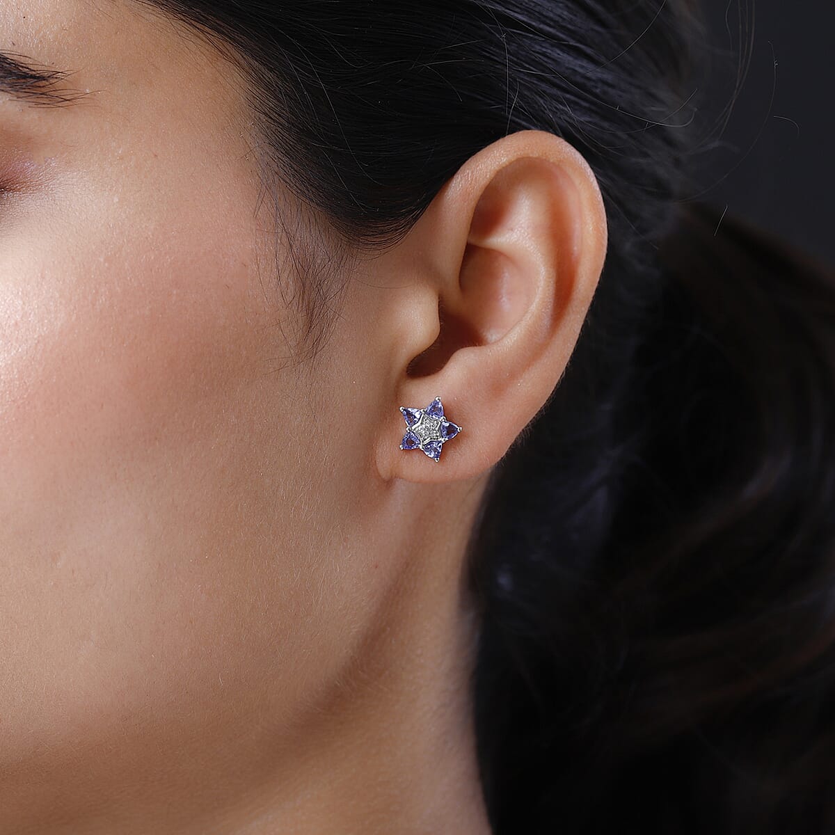 Tanzanite and White Zircon Star Stud Earrings in Platinum Over Sterling Silver 1.00 ctw image number 2