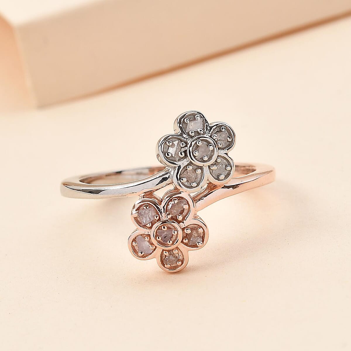 GP Italian Garden Collection Uncut Natural Pink and White Diamond Ring in Vermeil RG and Platinum Over Sterling Silver (Size 7.0) 0.15 ctw image number 1