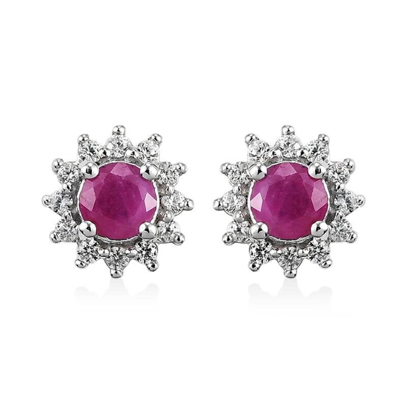 Premium Mozambique Ruby and White Zircon Sunburst Stud Earrings in Platinum Over Sterling Silver 1.00 ctw
