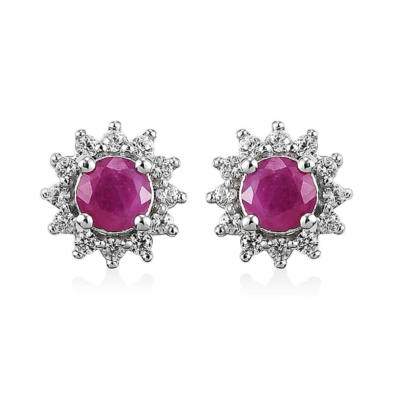 Premium Mozambique Ruby and White Zircon Sunburst Stud Earrings in Platinum Over Sterling Silver 1.00 ctw