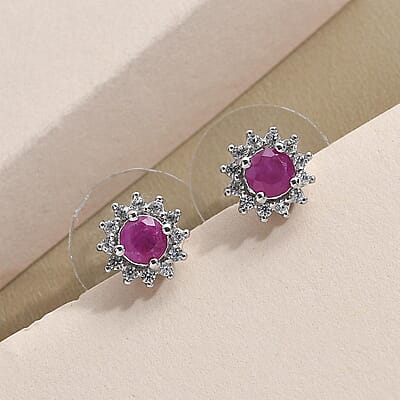 Premium Mozambique Ruby and White Zircon Sunburst Stud Earrings in Platinum Over Sterling Silver 1.00 ctw