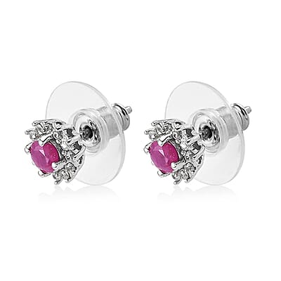 Premium Mozambique Ruby and White Zircon Sunburst Stud Earrings in Platinum Over Sterling Silver 1.00 ctw